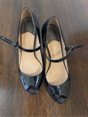 Cole Haan Black Patent Mary Jane Peep-Toe Pumps